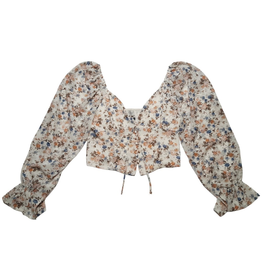 Dress Forum Floral Blouse Womens‎ Medium Cream Cottagecore Puff Sleeve Crop Top